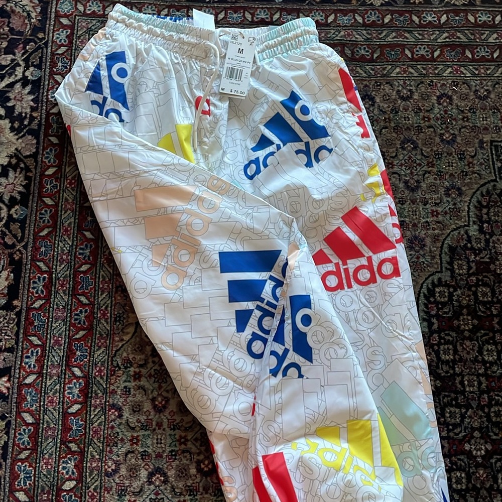 adidas White Track Pants with Multicolor Logos - Picture 3 of 5